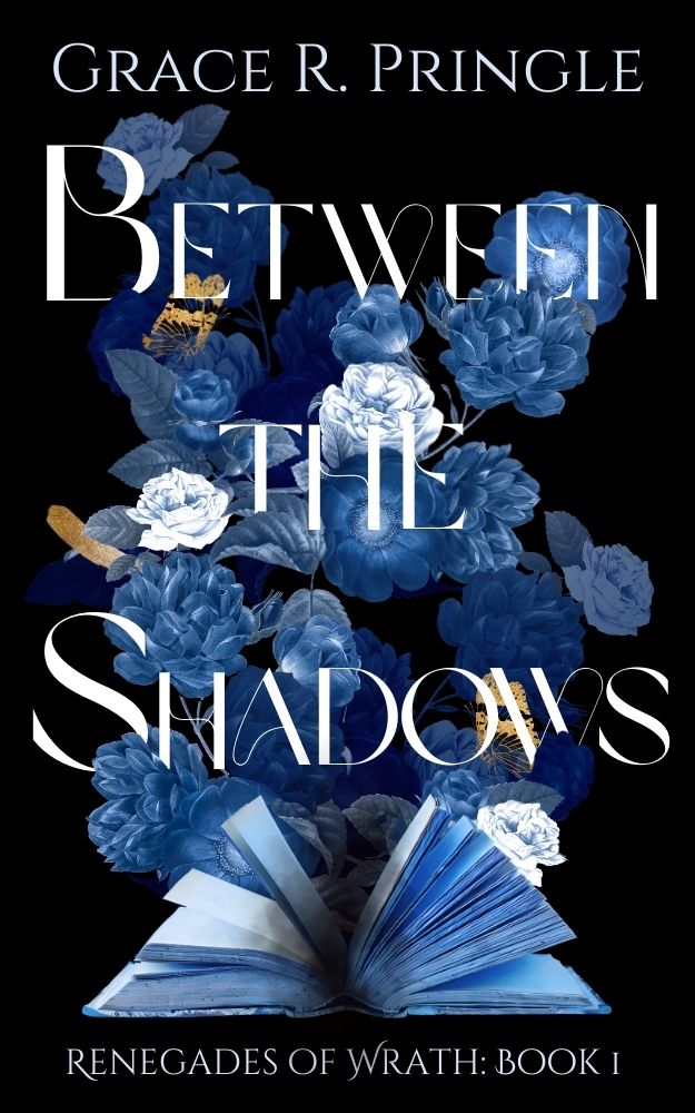 A black fantasy cover with blue flowers and a mysterious blue and white book. Black smoke rises from the book's pages. The title "Between the Shadows" is in big white letters and inter-spaced with some of the blue flowers.