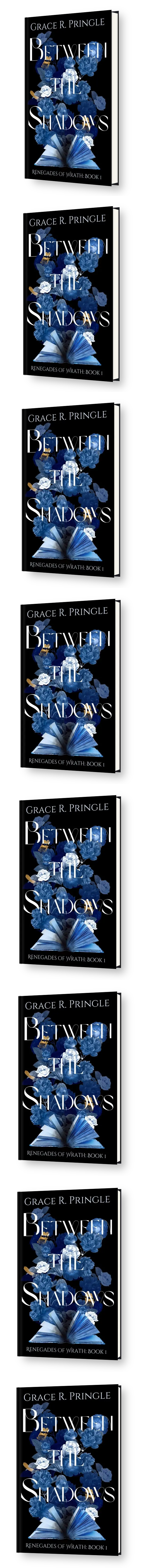 A black fantasy cover with blue flowers and a mysterious blue and white book. Black smoke rises from the book's pages. The title "Between the Shadows" is in big white letters and inter-spaced with some of the blue flowers.