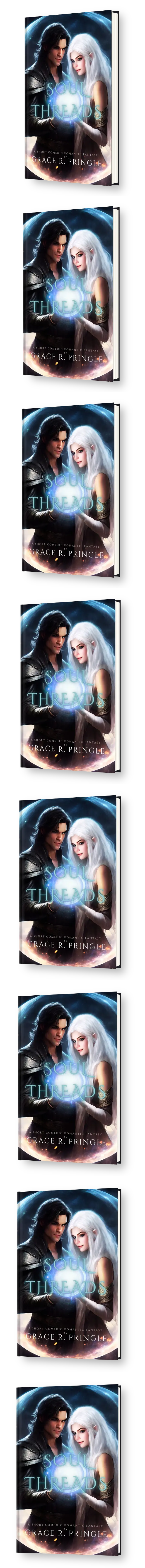 A fantasy book cover. A man with dark hair and a smirk on his face and a young woman with white hair stare into a glowing orb of magic. The title is: Soul Threads by Grace R. Pringle